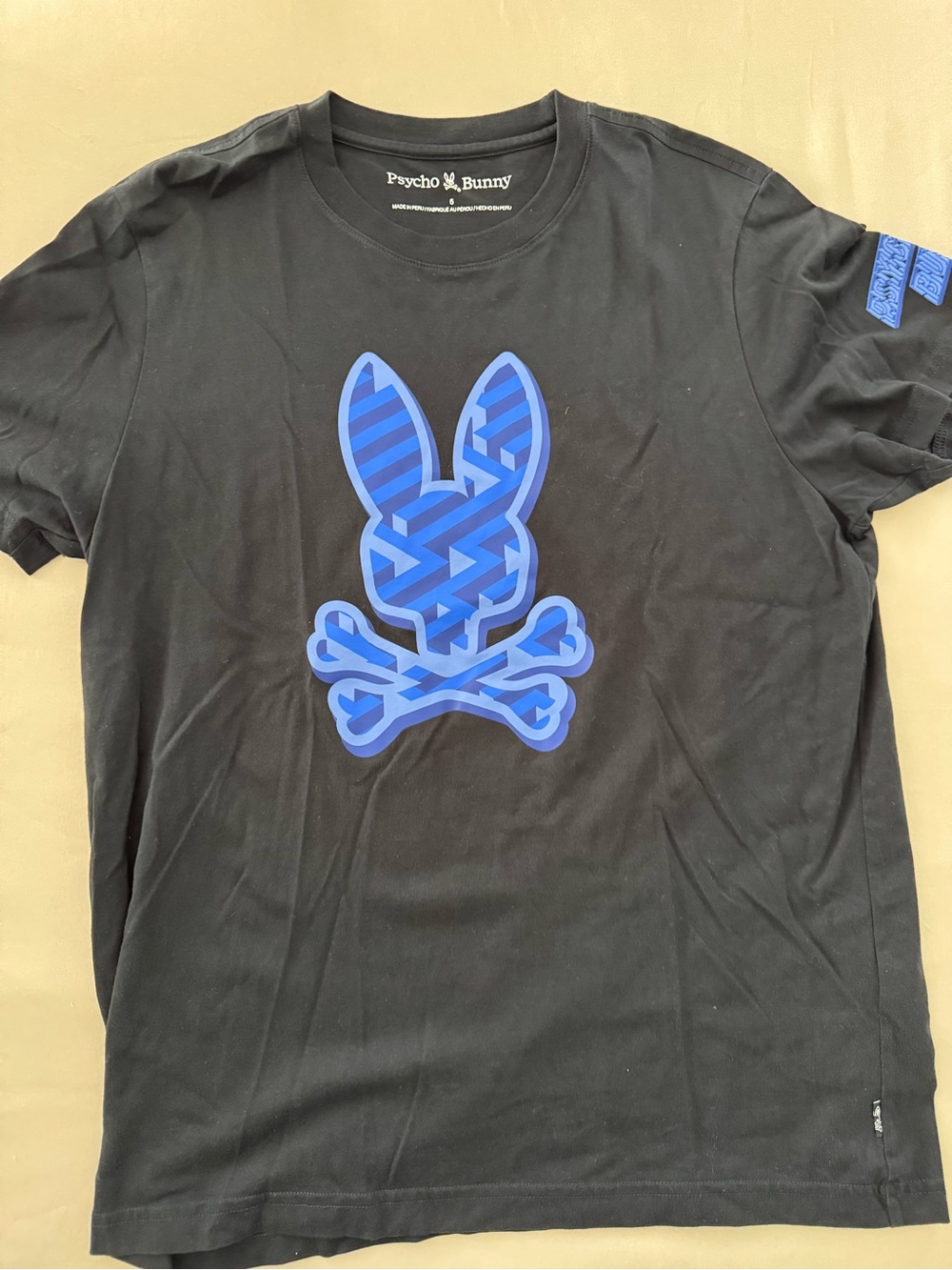 Psycho Bunny Black T-Shirt with Blue Striped Bunny Skull